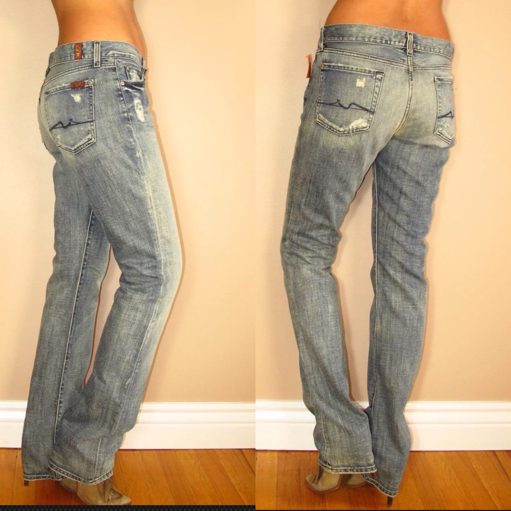 🆕 7 For All Mankind Acid Wash Straight Jeans 24 Y2K Vintage Low Rise
